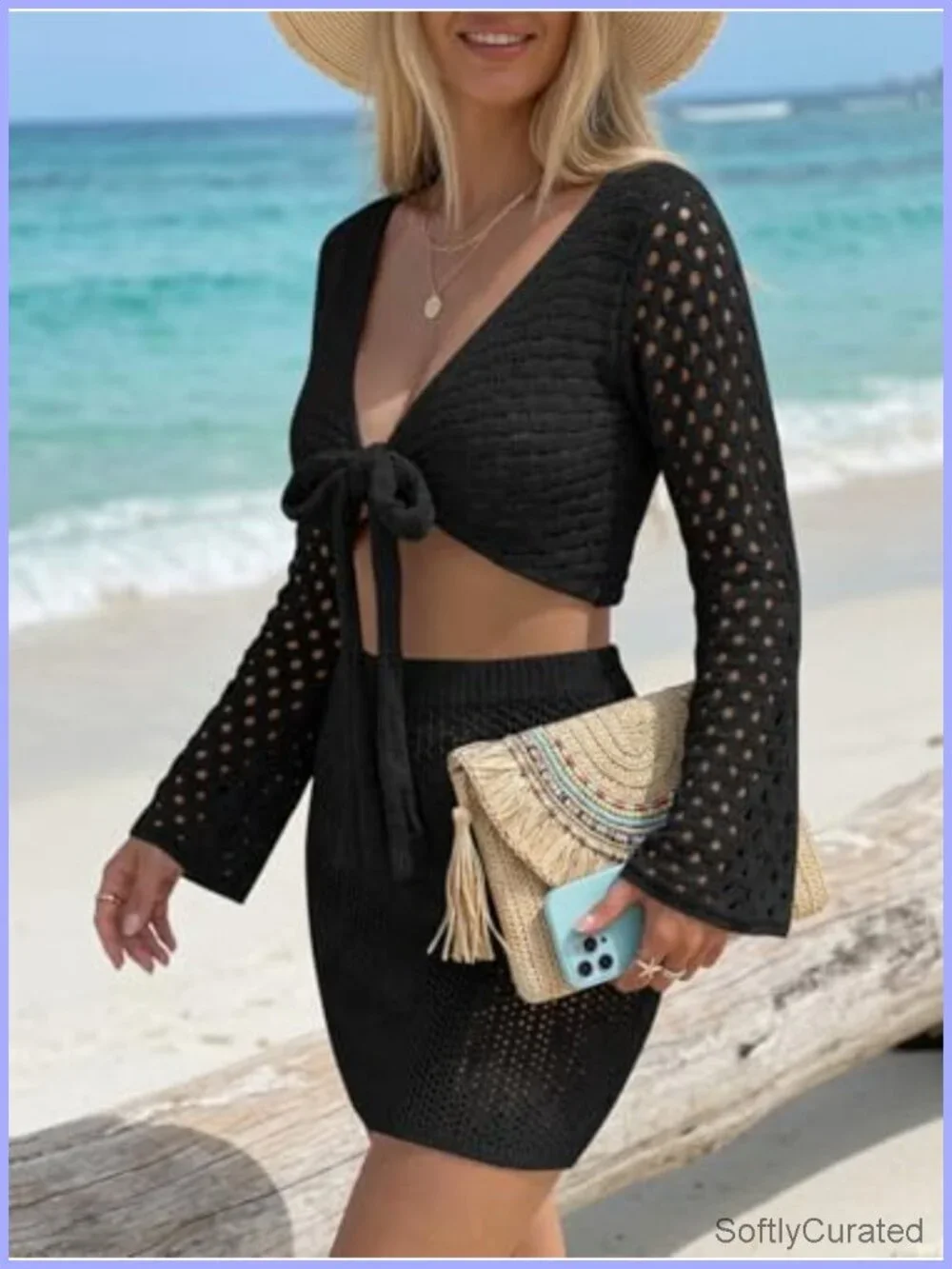 Women's Crochet 2 Piece Swim Cover Up Set Crop Top Mini Skirt